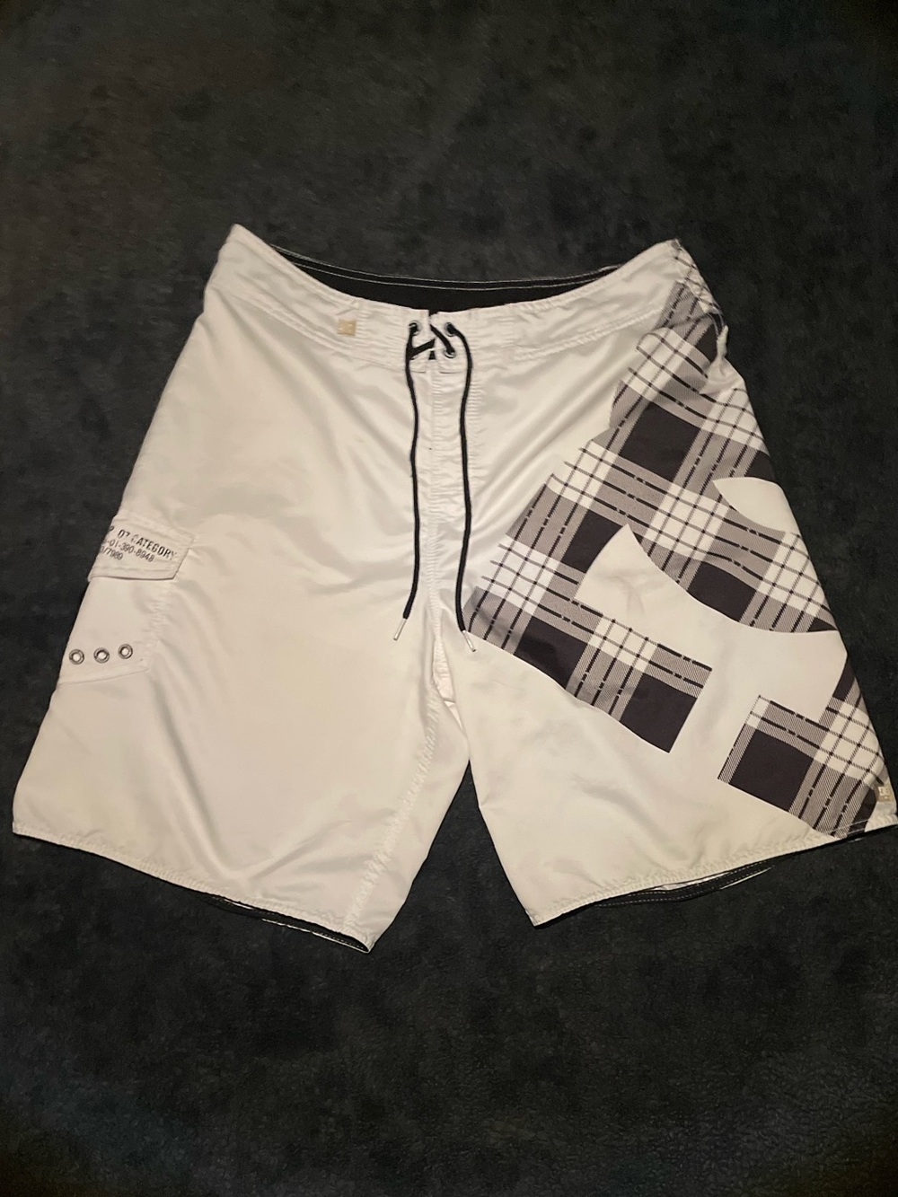 DC White Swim Board Shorts with Black Plaid Panel